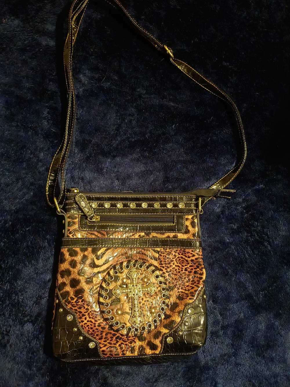 Crossbody Leopard Print Studded Shoulder Bag - Brown